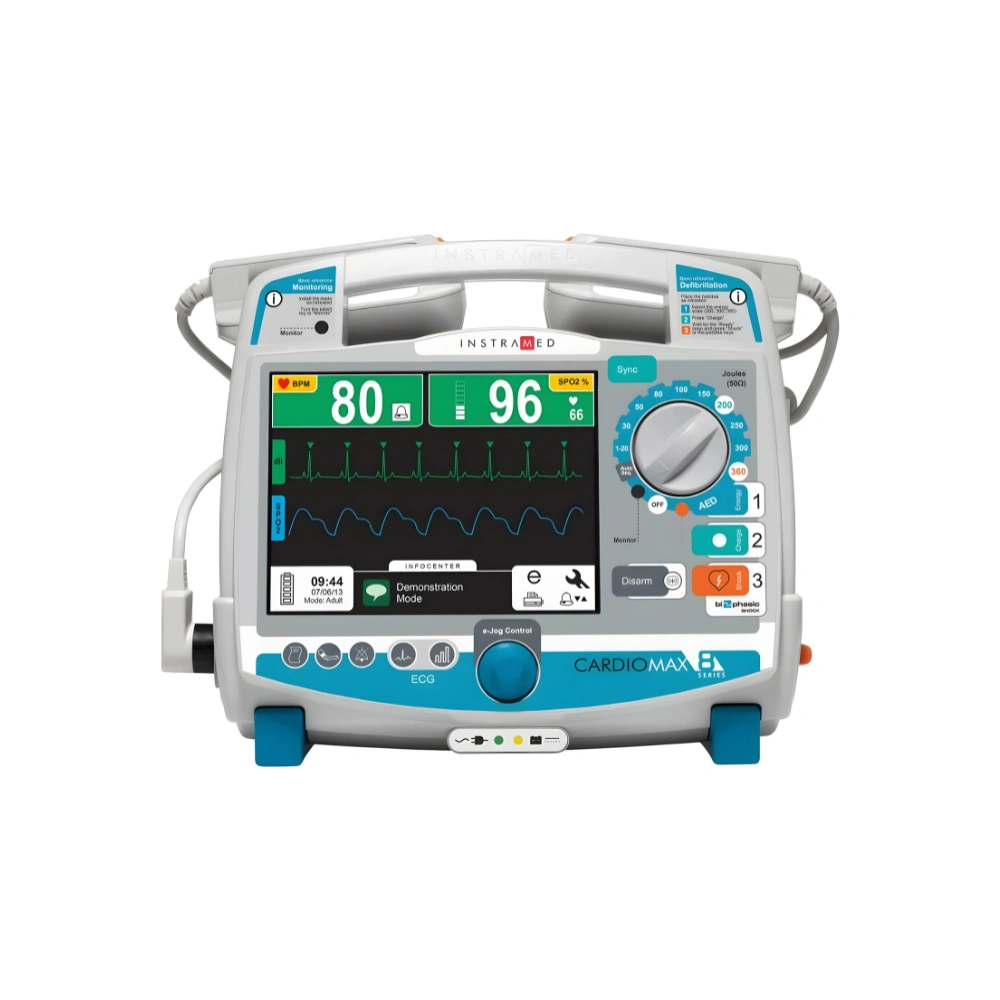 Instramed CardioMax Cardioverter Biphasic Defibrillator with Cover Front View